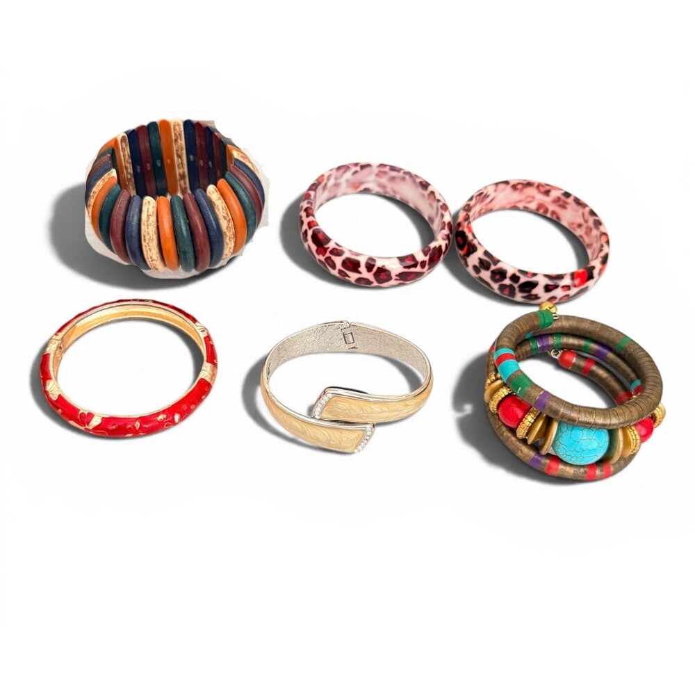 Stylish lot of 6 fashion bangle bracelets featuring a rich mix of textures